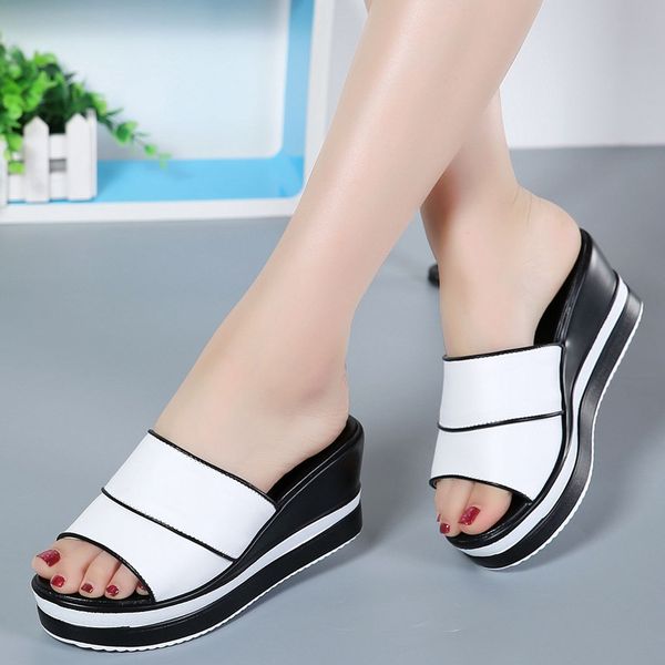 

fashion open toe wedges slippers women outside med solid ladies platform slides casual summer shoes, Black