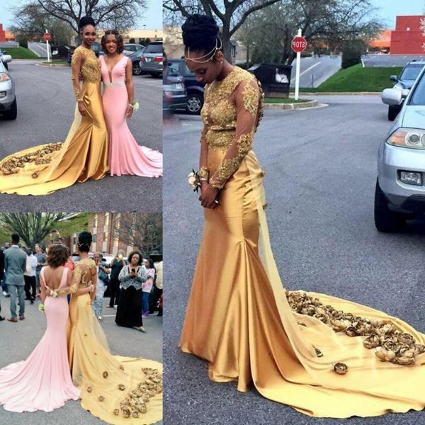 

gold african mermaid evening dresses hollow back handmade flowers appliques see through long sleeve prom dress black girls party gowns, Black;red