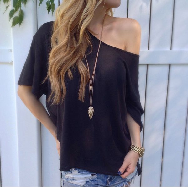 

sell women solid shirts modern design off-shoulder female summer bench wear black white red color