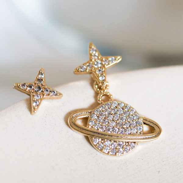 

fflacell 2020 bling fashion small star planet asymmetrical crystal stud earrings for women girls party gifts accessories, Golden;silver