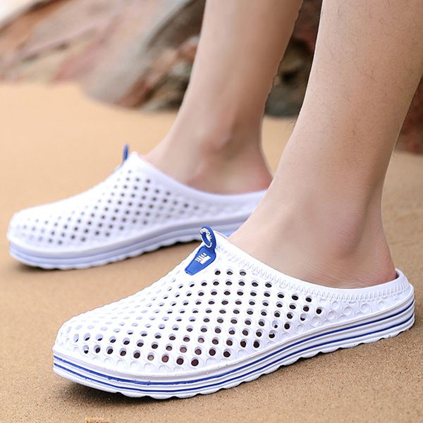 

mens summer flat slippers soft bottom hollow shoes outdoor beach slippers massage non-slip fashion half, Black