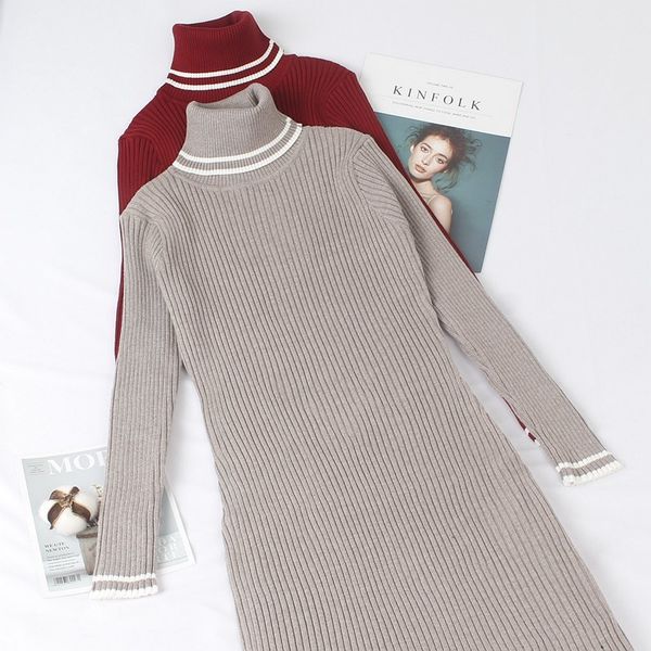 

gigogou turtleneck warm women sweater dress mid-calf long sleeves autumn winter female dresses slim soft rib knitted dresses, Black;gray