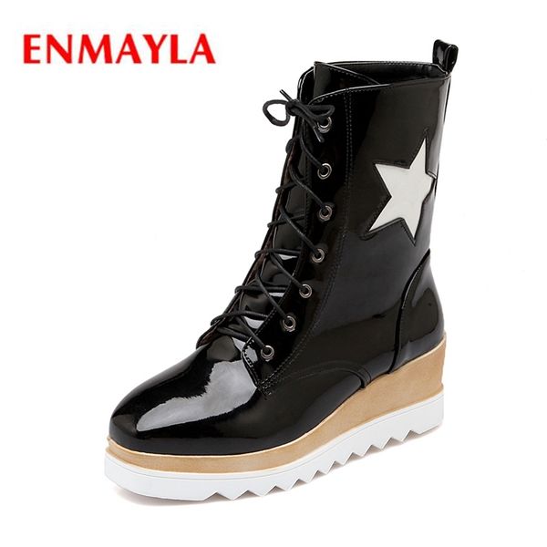 

enmayla 2018 selling women fashion square toe wedges lace-up boots lady star ankle boots zyl540, Black