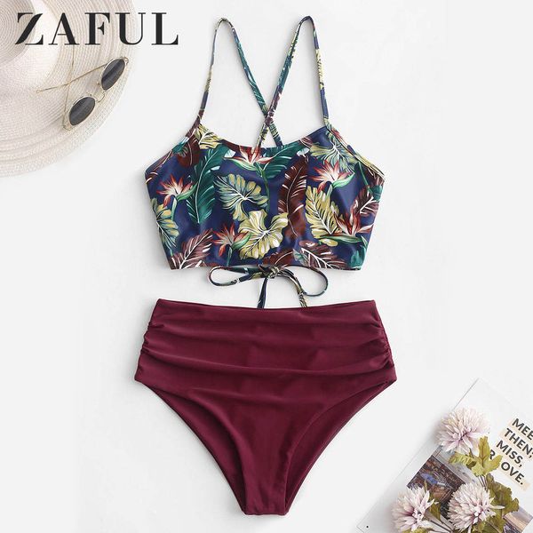 

zaful leaf print lace-up ruched tankini swimsuit criss-cross spaghetti straps high waisted swimwear women bathing suit