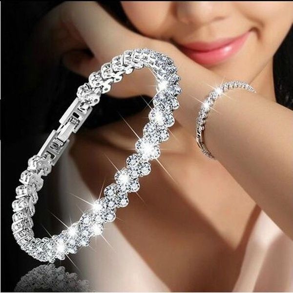 

3 color women link chian bracelet fashion roman style 925 sterling silver crystal diamond bracelets jewelry gifts, Black