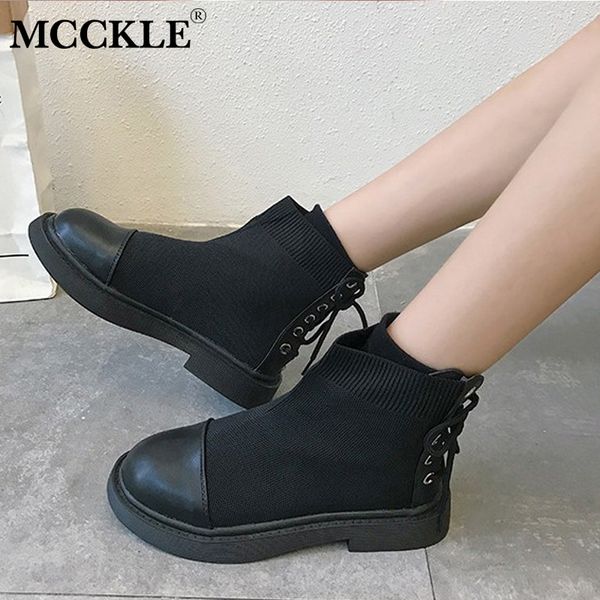 

women casual platform block heel ankle boots autumn female lace up back strap creeper shoes ladies leisure footwear, Black