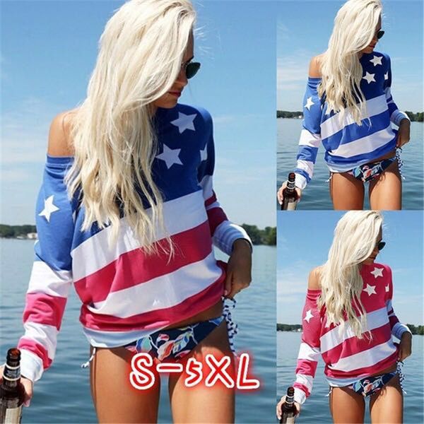 

female women sleeve flag star striped printed girls off soft long casual usa summer t-shirts tees shoulder ljja2379 tvsdw, Black