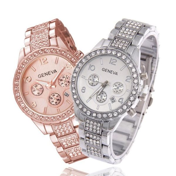 

geneva fashion gold men watch 3 eyes design women ladies crystal dress quartz wrist watches relogio feminino, Slivery;brown