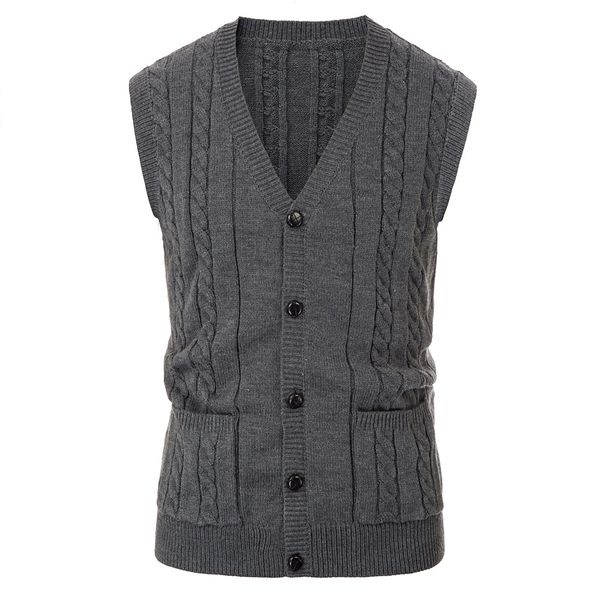 

men's sweater vest sleeveless sweater warm casual solid color v-neck button placket cable pattern autumn winter fashion knitwear, Black;white