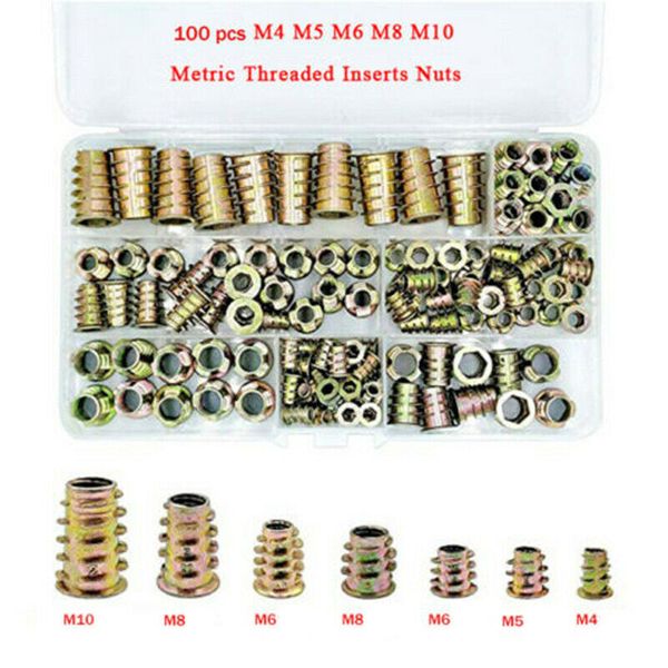 

100pcs/set m4 m5 m6 m8 m10 threaded hex drive driver wood screw inserts nuts kit auto repair tool kit insert nuts