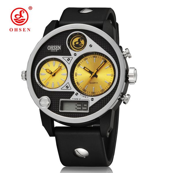 

ohsen digital led quartz men wristwatch relogio masculino fashion yellow waterproof outdoor sport man watch dual time male clock, Slivery;brown