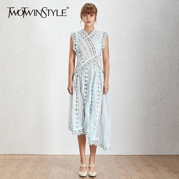 

twotwinstyle beading dress for women hollow out patchwork v neck sleeve high waist asymmetrical dresses female elegant summer, Black;gray