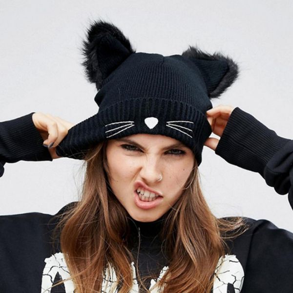 

women cute cat ears black knitted winter warm hat pompom caps female bonnet polyester braided hat for dropshipping, Blue;gray