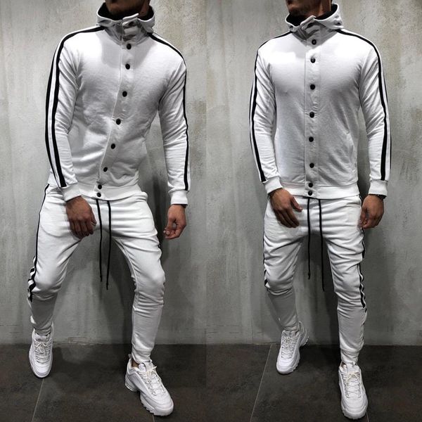 

2019 new brand men sport tracksuit long sleeve casual button hoodie suit set trousers pants jogging clothes, Gray