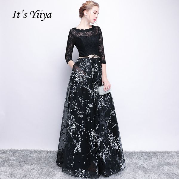 

it's yiiya half sleeves bow floral print elegant lace a-line zipper dinner party frocks dress floor length evening dress ys009, White;black