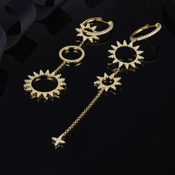 

wholesale-asymmetric yellow silver long earrings with sun pendant, Golden