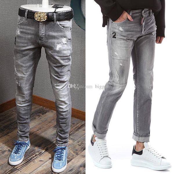 

классный парень строчка букв детали серые джинсы 5 карманов конькобежец fit обтягивающие нижние ковбойские брюки человек, Blue