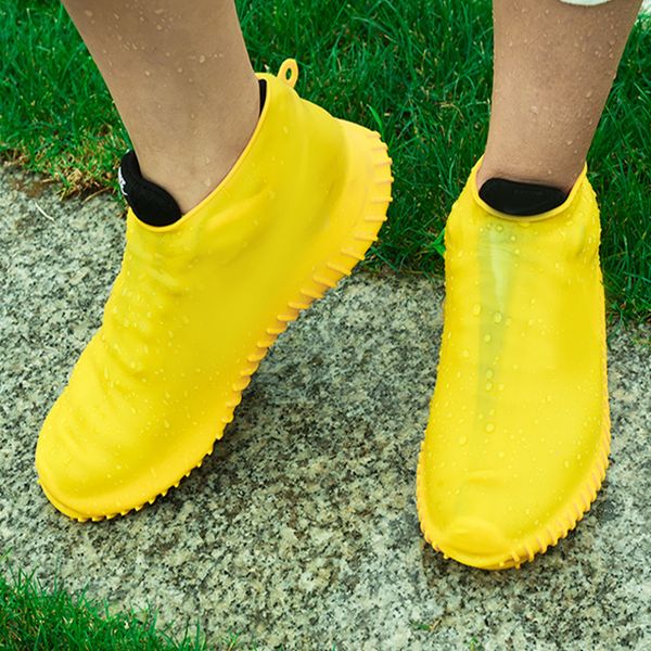 

men women thick sole reusable waterproof accessories non slip rainproof travel elastic wear resistant shoe cover foot wear 2pcs, White;pink