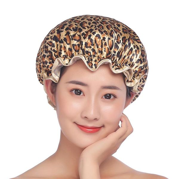 Leopard Print Impresso Mulheres Duche Cap cetim de banho coloridas Caps cobrir os cabelos Duplo touca de banho impermeável