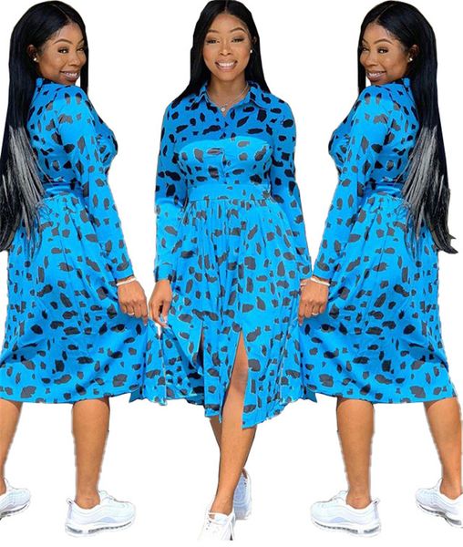 

leopard sexy causal dress женщины отвернуть воротник пуговицы плиссированные синее осеннее платье с длинным рукавом двойной сплит плюс разм, Black;pink