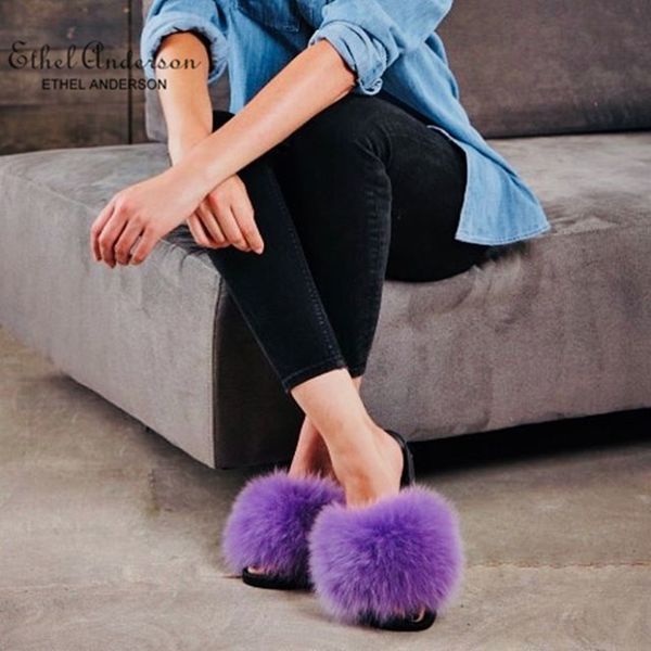 

ethel anderson womens real fox raccoon slippers slides summer beach flip flops casual cute fur sandals plush shoes c25, Black