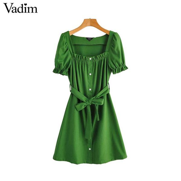 

vadim women fashion solid mini dress short sleeve square collar sashes female casual stylish green dresses vestidos qd191, Black;pink