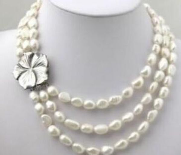 

3 rows white freshwater pearl necklace 7-8mm 18-20 ", Silver