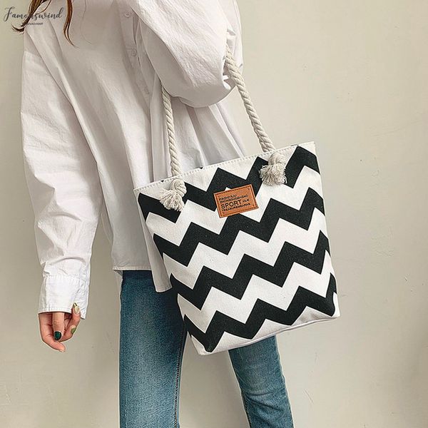

2020 new casual women striped large capacity tote canvas shoulder bag shopping bag beach bags casual tote bolsa feminina h10