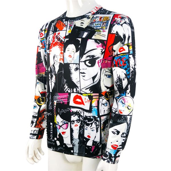 

fashion style mens tshirts 3d digital print mens long sleeve crew neck tshirts males casual, White;black