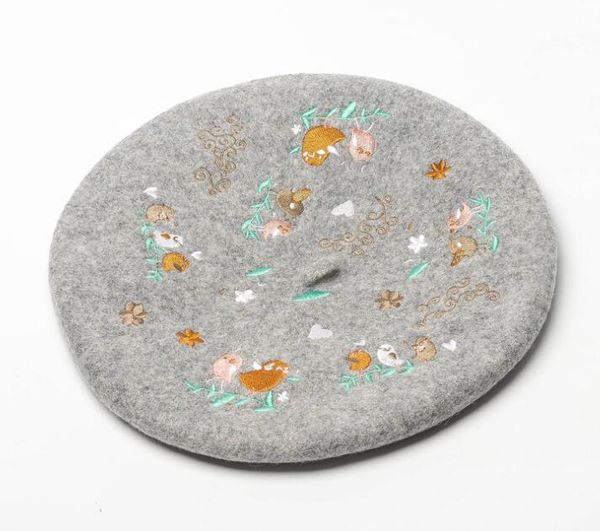 

4 colors painter winter thick hats for women 100% wool berets luxury flower birds embroidery beret female warm cap, Blue;gray