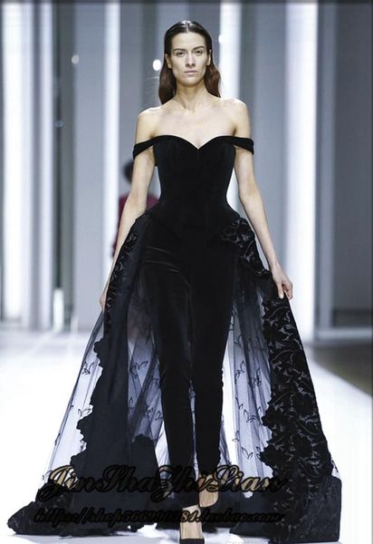 

2020 gorgeous off shoulder black jumpsuit evening dresses beaded appliqued tulle velvet red carpet dresses formal party dress, Black;red