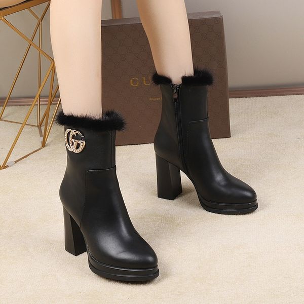 

women's leather high heel women's boots autumn and winter thick with short boots women's warm wool cotton shoes plus velvet s, Black