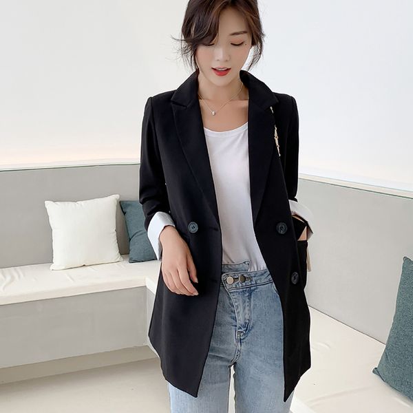 

autumn 2019 women jacket blazer solid black double-breasted notched neck blazers jackets female elegant office lady coat, White;black