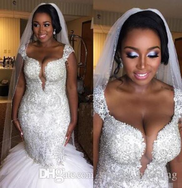 Luxuoso estilo africano mais tamanho sereia vestidos de noiva vestidos de noiva tampa mangas frisadas de cristal ruffled vestidos de casamento tule feito sob encomenda