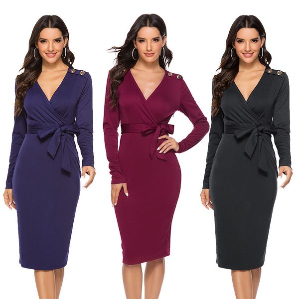 

womens designer solid color banquet dress v-neck long sleeve hip split dress lbcq, Black;gray