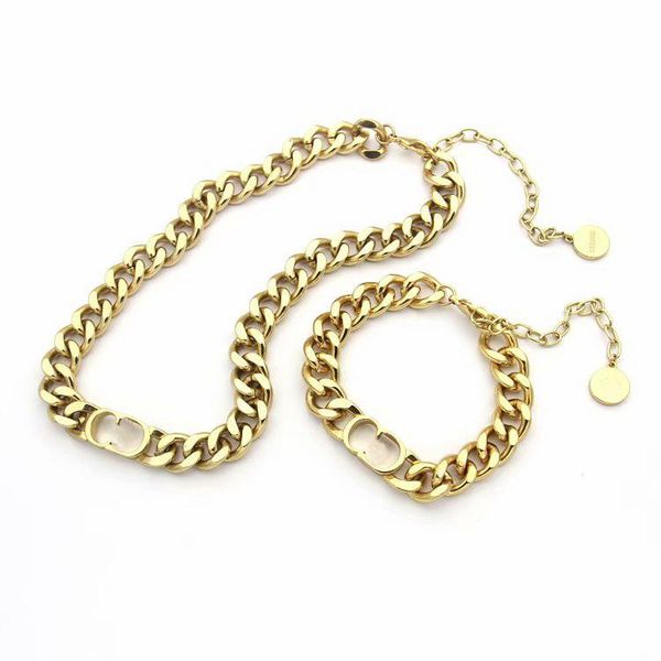 

europe america fashion jewelry sets women lady titanium steel 18k plated gold thick chain necklaces bracelets with d letter pendant, Silver