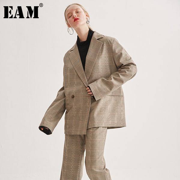 

eam] 2019 новая весна лето нагрудные длинным рукавом кофе plaid printed сыпучие темперамент куртки женщины пальто мода tide jx149, Black;brown