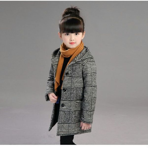 

Girls Autumn Fashion Plaid Woolen Coat Hooded Jacket Winter Outwear, Gray