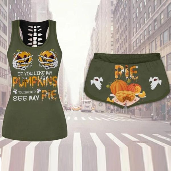 

women's pumpkin print sleeveless tank set ladies halloween drawstring shorts set women summer tracksuits two piece #3, White;black