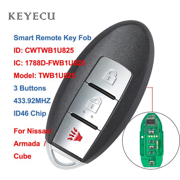 

keyecu cwtwb1u825 smart car remote key fob 3 buttons 433.92mhz id46 chip for cube 2009-2010 armada 2017-2018