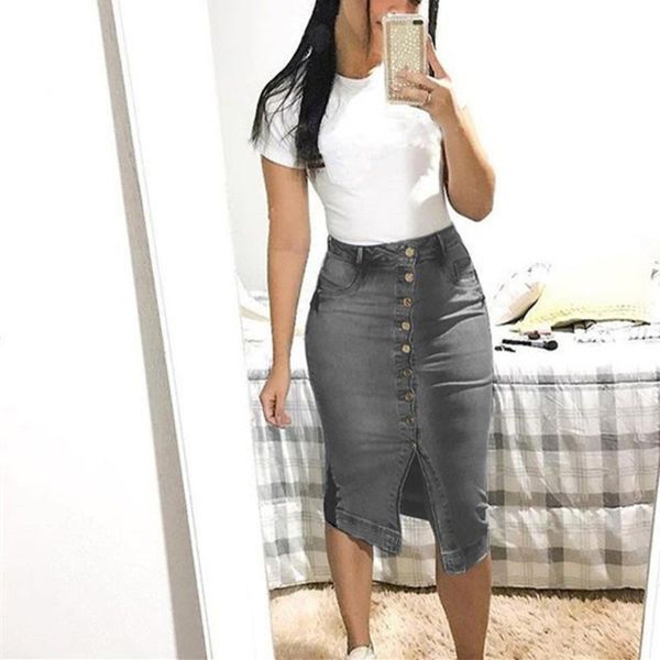 

denim skirt button summer skirt office high waist women's fashion denim summer button design split front open skirts, Black
