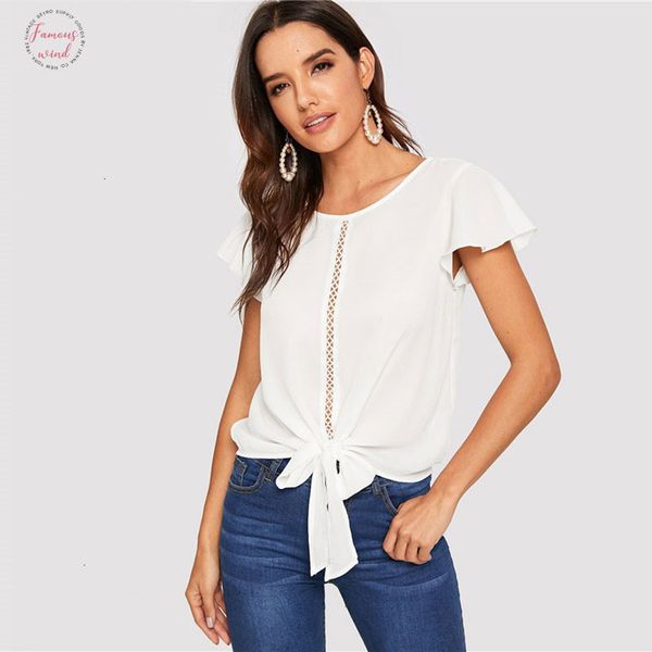 

flutter sleeve lace insert knot front women and blouses 2019 summer casual solid hollow out white blouse