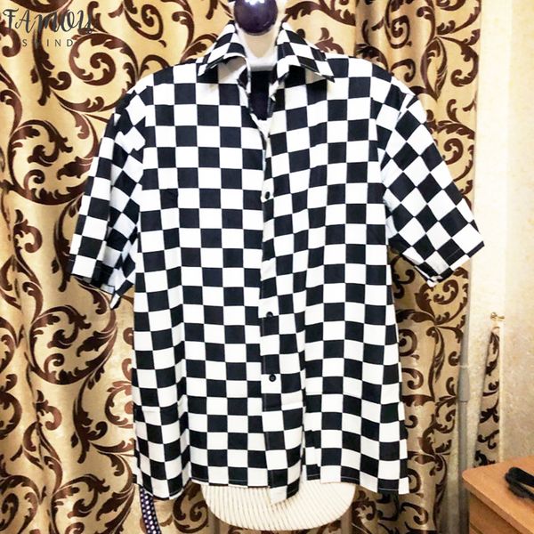 

harajuku shirts women vintage checkerboard shirts loose short sleeve shirt cotton oversize shirts applique summer female, White