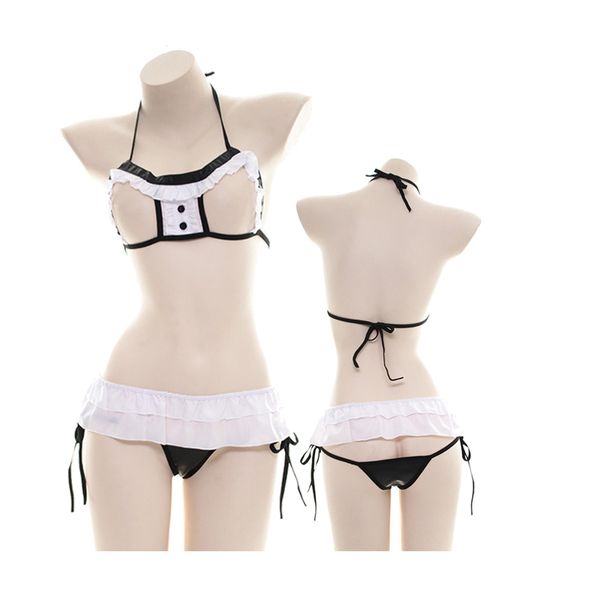 

3pcs lolita girl lingerie bikini three-point bra set falbala lacing tie servant girl maidservant underwear memory of jade, Red;black