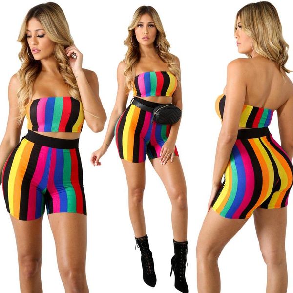 

rainbow colorful striped two piece set summer outfits for women short tracksuit beach tube and shorts female breathable, Gray