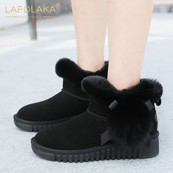 

lapolaka 2020 cow suede fashion brand design slip on platform add fur warm winter boots woman shoes women, Black