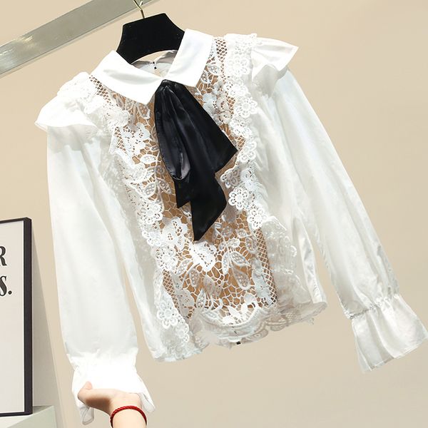 

bow long-sleeve chiffon panel lace blouse women's white shirt girls students sweet ruffles blouse womens and blouses