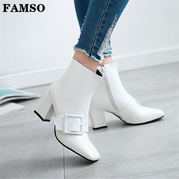 

new 2019 chic white women boots pu leather autumn winter shoes woman spuare toe coarse heel ankle boots female botas muje, Black