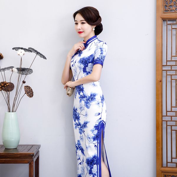 

white blue vintage ladies print chinese traditional long qipao slim classic mandarin collar stage show elegant female cheongsam, Red