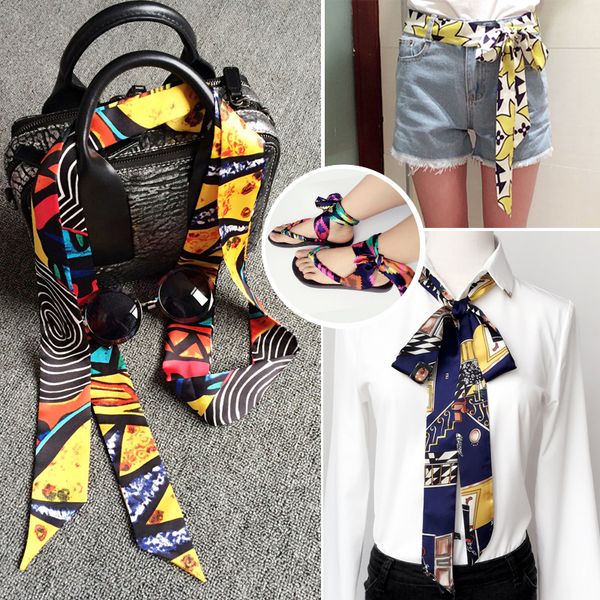 

japanese narrow long silk scarf for women new design printed fashion head scarf brand small tie bag skinny constellation, Blue;gray